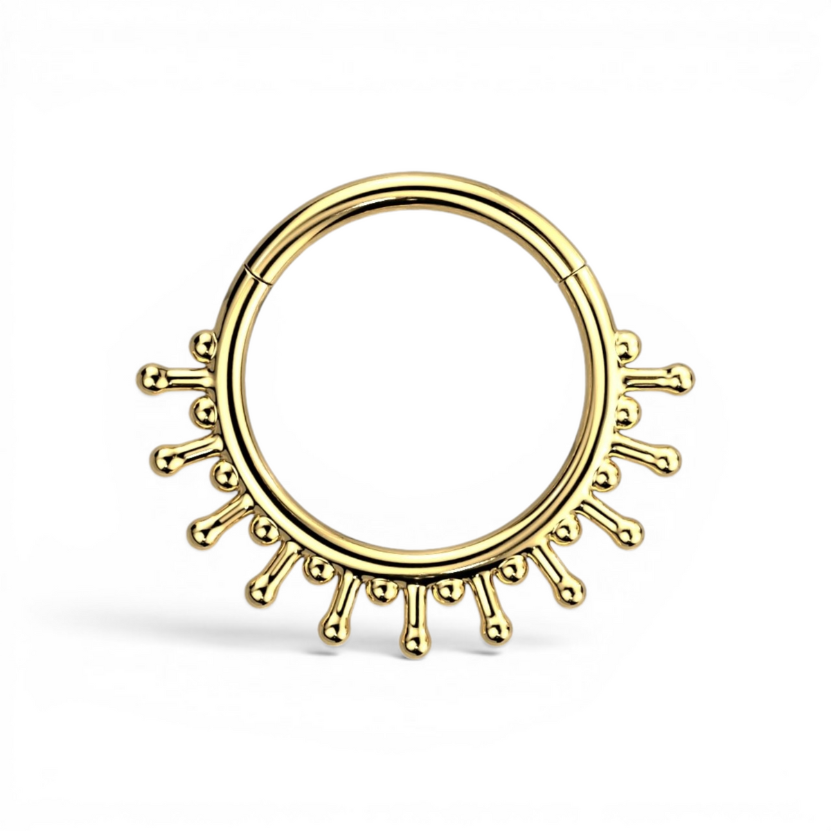 Gold hinged piercing hoop with sunburst design