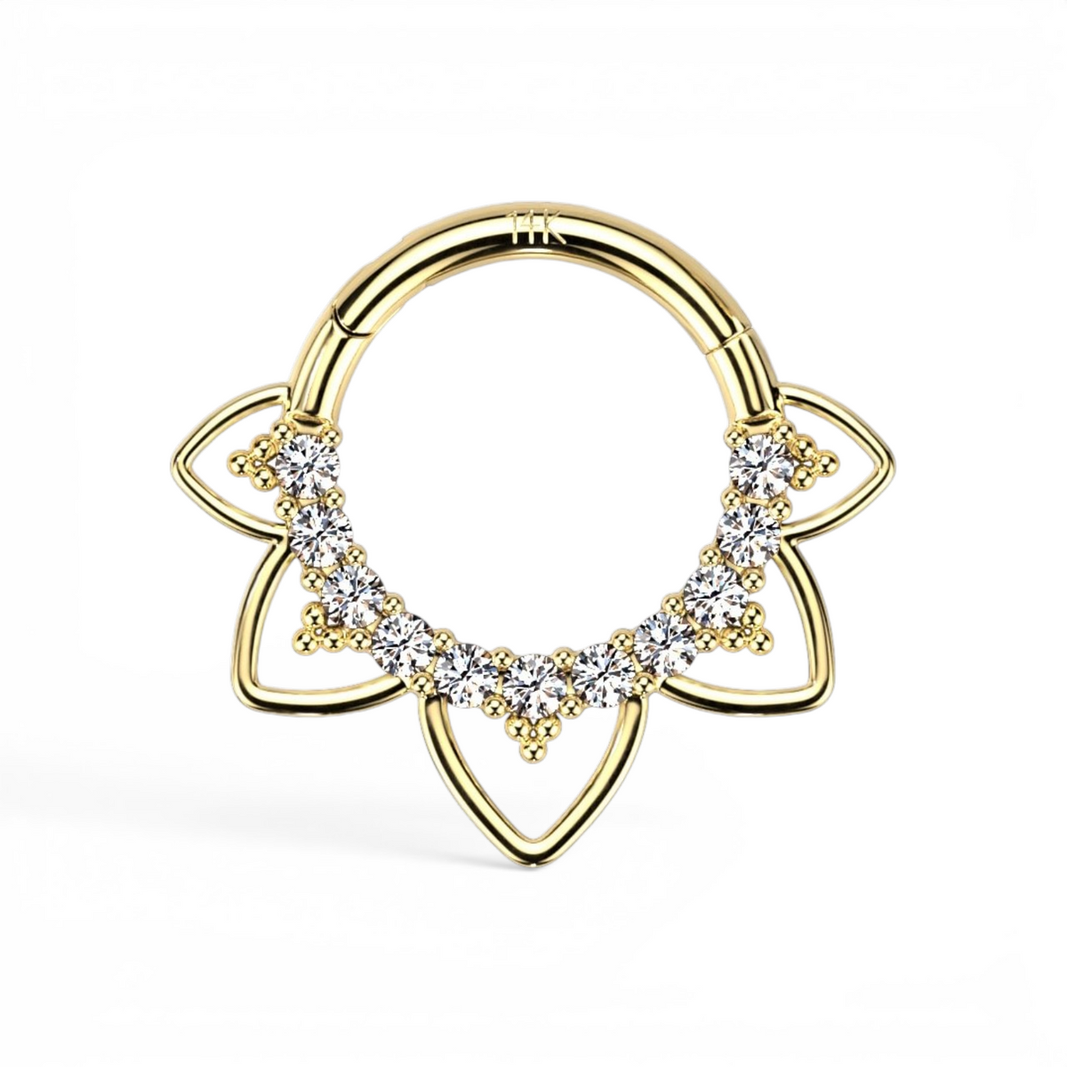 Yellow gold hinged piercing hoop with floral design