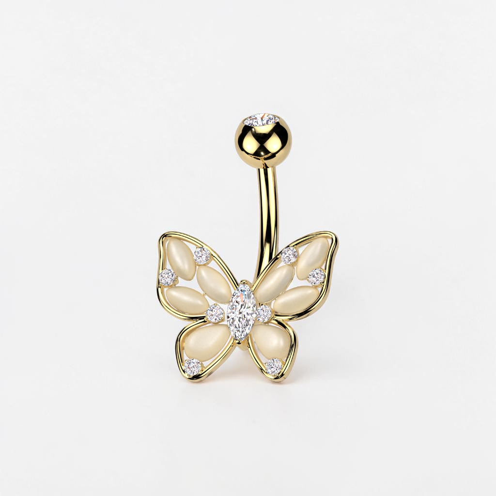 Dainty butterfly belly button ring in gold, elegant navel piercing jewelry with minimalist design