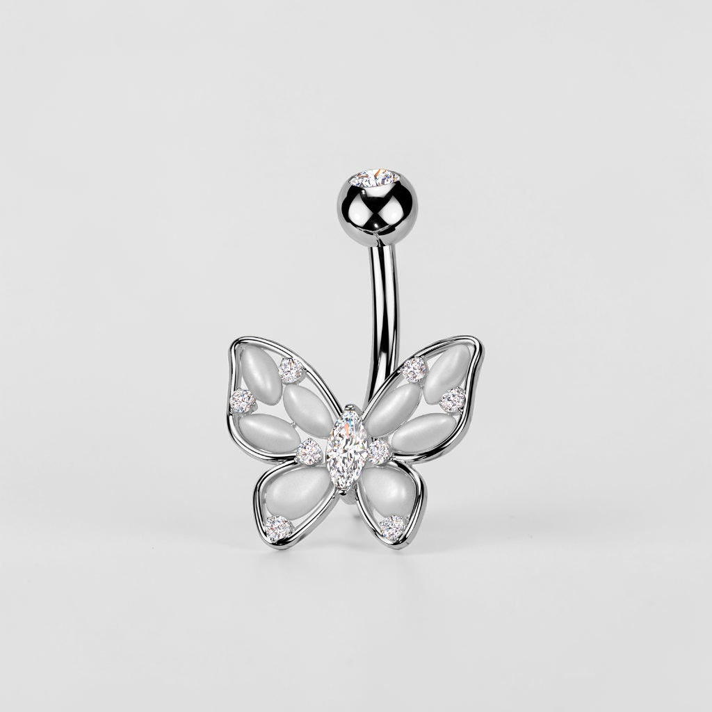 Dainty butterfly belly button ring in silver, elegant navel piercing jewelry with minimalist design