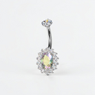 Titanium belly button ring with oval aurora CZ and halo setting, internally threaded navel piercing