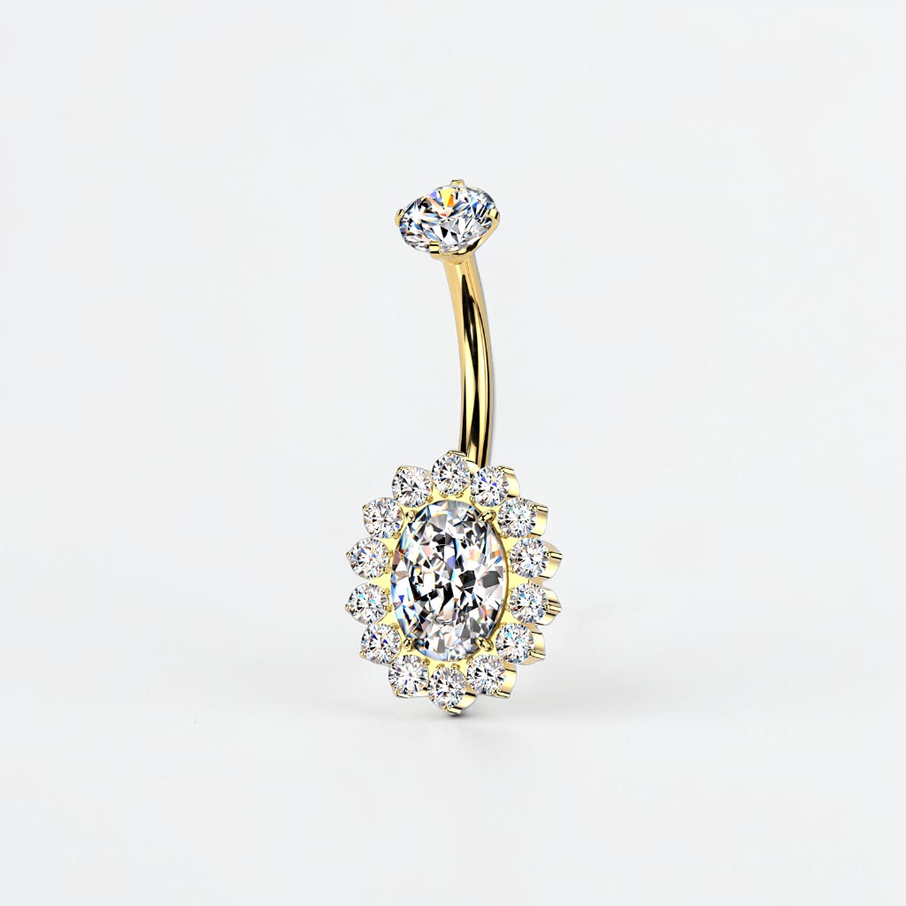 Gold titanium belly button ring with oval clear CZ and halo design, internally threaded navel jewelry