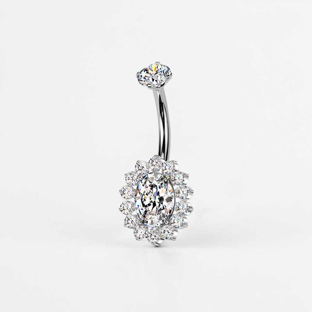 Titanium belly button ring with oval clear CZ and halo setting, internally threaded navel piercing