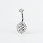 Titanium belly button ring with oval clear CZ and halo setting, internally threaded navel piercing
