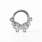 Titanium daith earring with ornate CZ design, marquise and round stones, and hinged clicker closure
