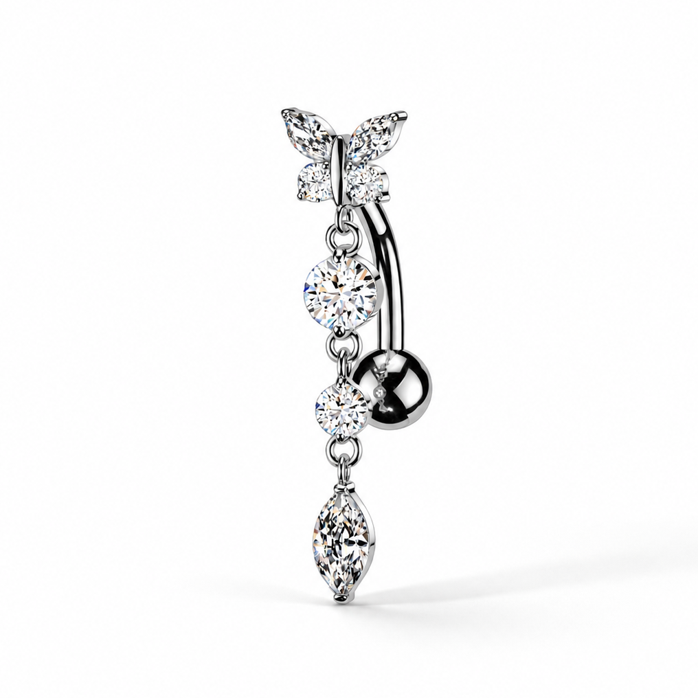 Silver top down belly button ring with butterfly-inspired marquise and round CZ stones, cascading dangling accents, and elegant curved design.