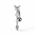 Silver top down belly button ring with butterfly-inspired marquise and round CZ stones, cascading dangling accents, and elegant curved design.