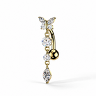 Gold top down belly button ring with butterfly-inspired marquise and round CZ stones, cascading dangling accents, and elegant curved design.