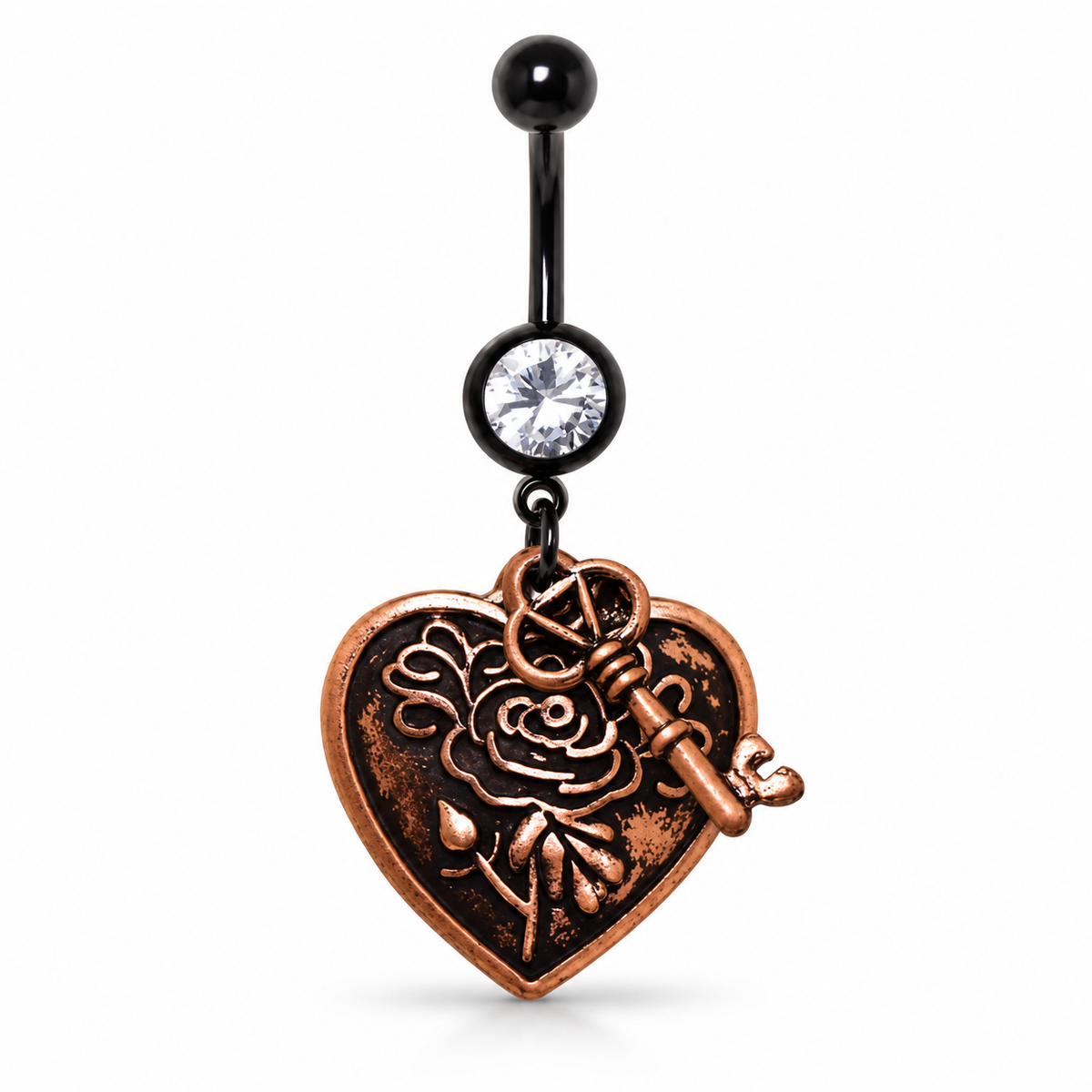 Belly button ring with black barbell, center CZ stone, and dangly heart & key charm with a rose motif