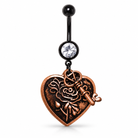 Belly button ring with black barbell, center CZ stone, and dangly heart & key charm with a rose motif