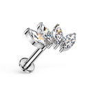 Silver flat back stud earring, with four marquise clear CZ stones in a fan design.