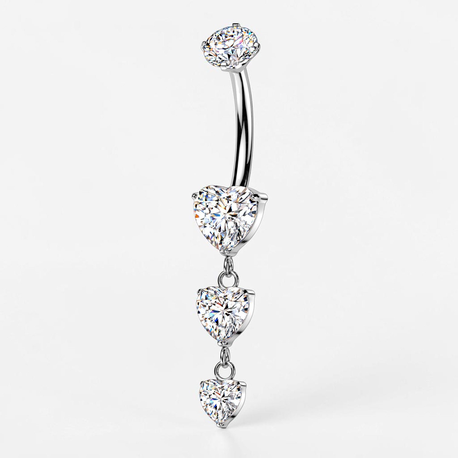 Titanium belly button ring with cascading heart-shaped CZ stones and internally threaded design