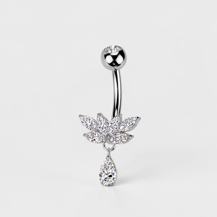 Titanium belly button ring with marquise CZ cluster and teardrop dangle, dainty navel jewelry