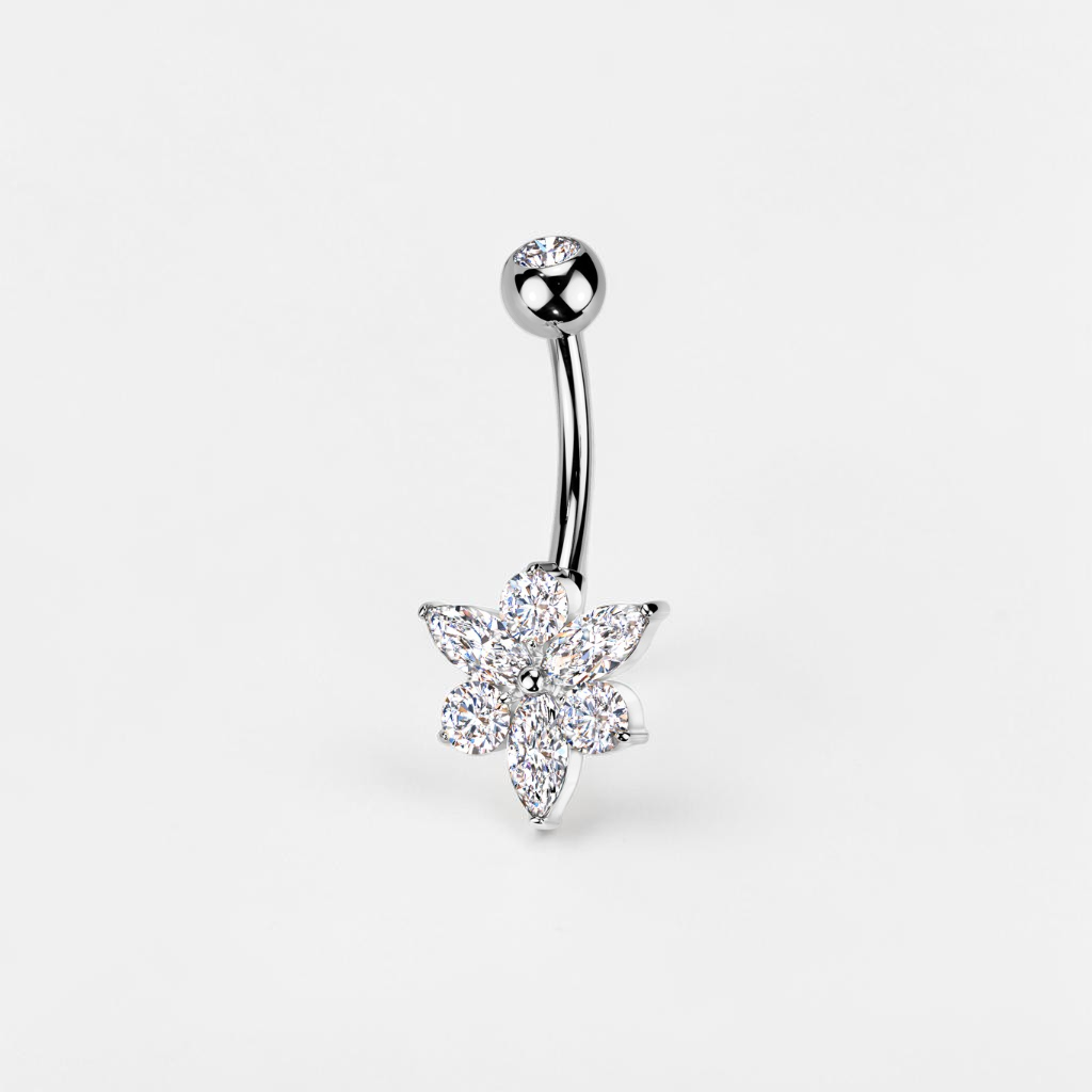 Implant-grade titanium flower belly button ring with cubic zirconia, 14G navel piercing