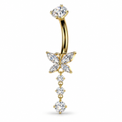 A 14k solid yellow gold belly button ring with a round CZ top, and a CZ butterfly centerpiece, with three dangly round CZs beneath.