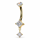 A solid yellow gold belly button ring, with a round CZ top, a center princess cut CZ stone, and a smaller dangly princess cut CZ stone beneath.