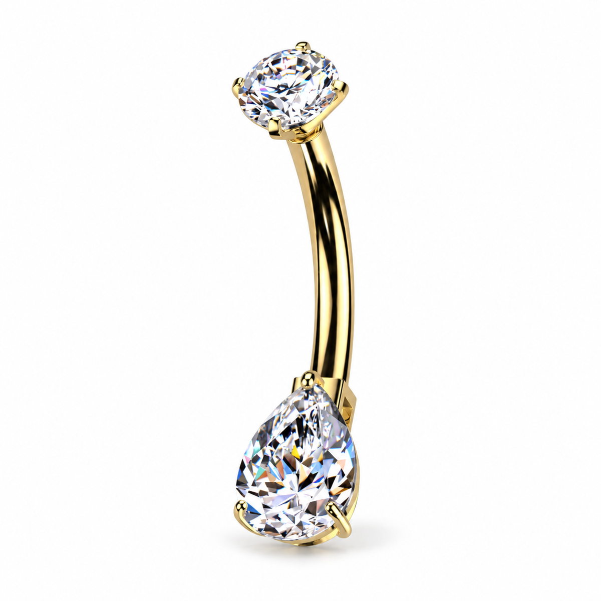 A 14k solid yellow gold belly button ring with a round CZ top, and a central pear shaped CZ.