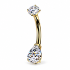 A 14k solid yellow gold belly button ring with a round CZ top, and a central pear shaped CZ.