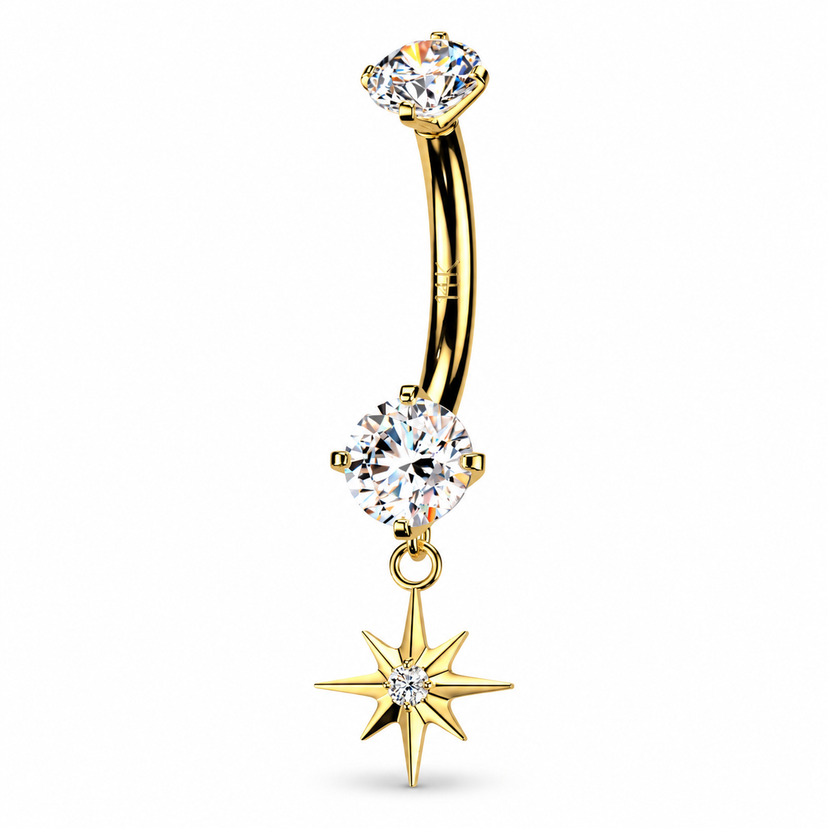 14k solid gold belly button ring, with an internally threaded round CZ top, a center round CZ stone and a dangly star.