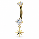 14k solid gold belly button ring, with an internally threaded round CZ top, a center round CZ stone and a dangly star.