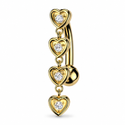 A top down style belly button ring, in solid yellow gold, with four hearts connected as a decorative charm. Each heart has a small round CZ in the center.