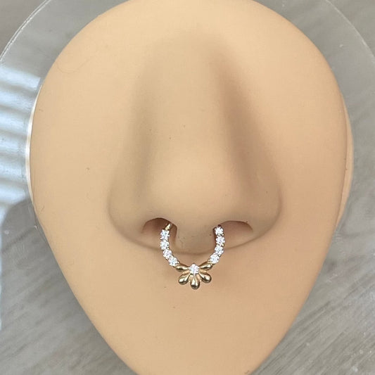 Solid Gold Flower Septum Ring (8mm or 10mm, 16G - White or Yellow Gold)