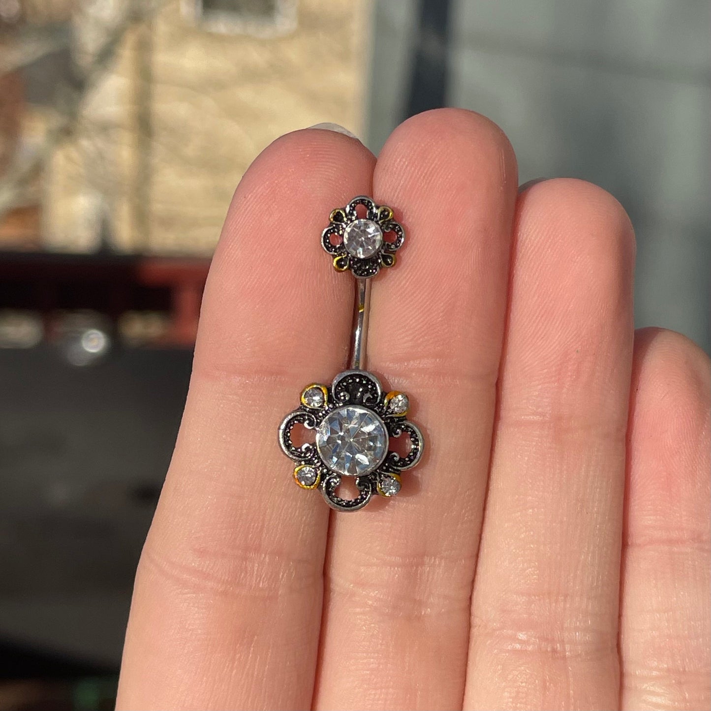 Silver Blue CZ Flower Belly Button Ring (14G | 10mm | Surgical Steel | Blue, Pink, Multicolored, or Clear CZ)