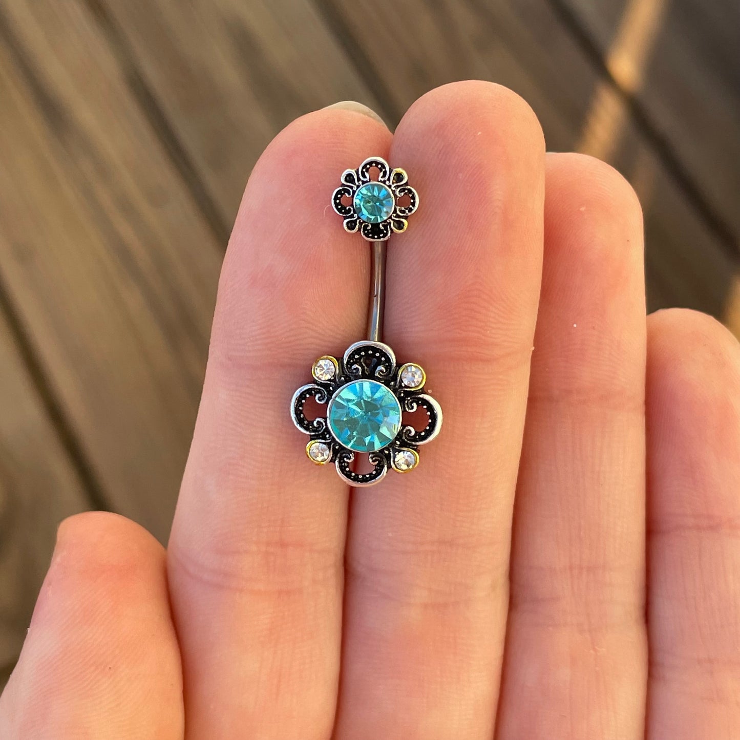 Silver Pink CZ Flower Belly Button Ring (14G | 10mm | Surgical Steel | Blue, Pink, Multicolored, or Clear CZ)