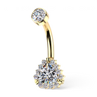 Ismerie titanium belly button ring in gold with a sparkling cubic zirconia center surrounded by a halo of round CZ stones.