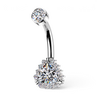 Ismerie titanium belly button ring in silver with a sparkling cubic zirconia center surrounded by a halo of round CZ stones.