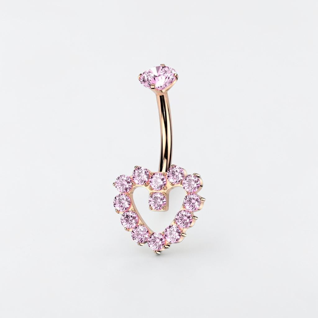 Titanium belly button ring with CZ heart, internally threaded navel piercing jewelry