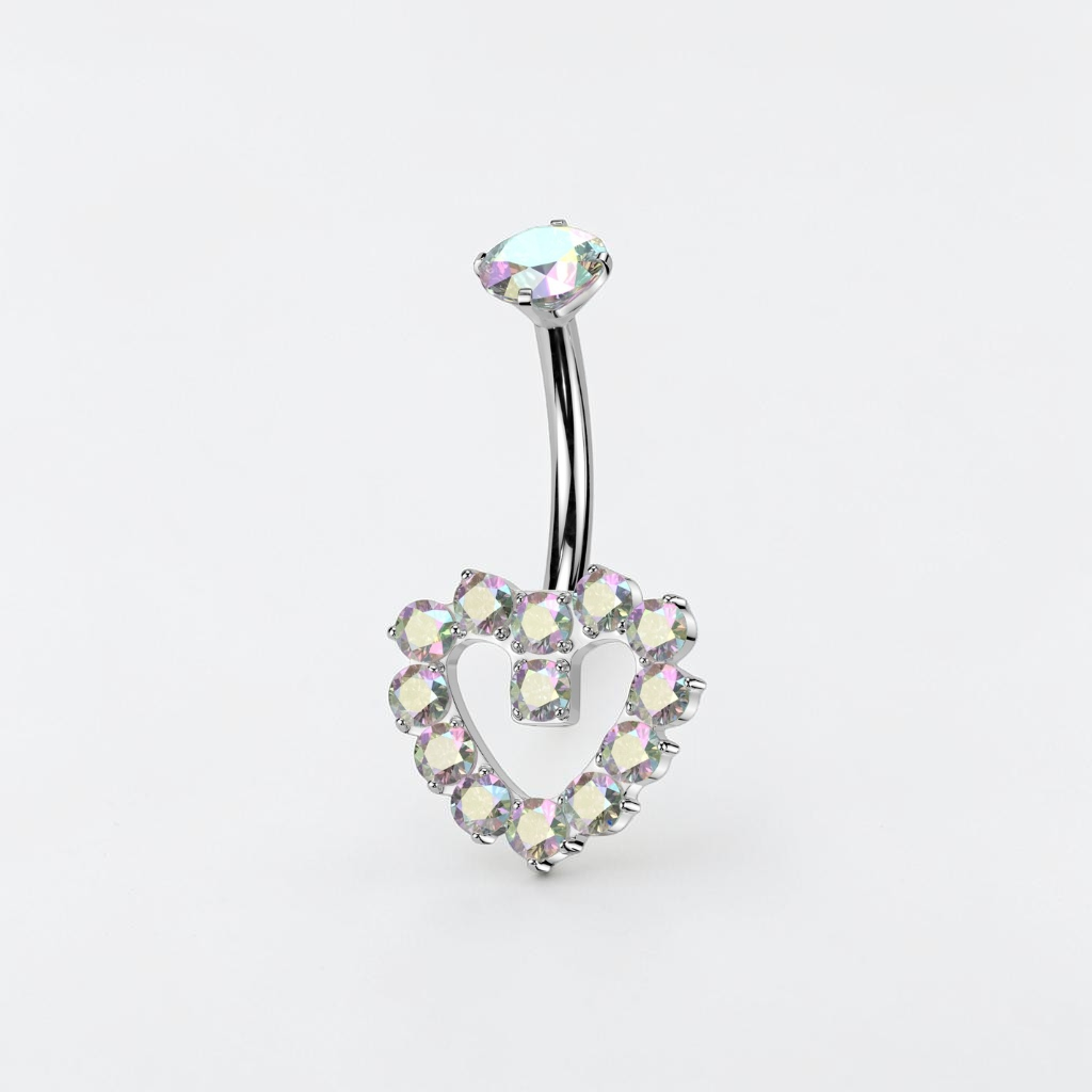 Titanium belly button ring with CZ heart, internally threaded navel piercing jewelry