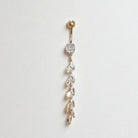 gold belly button ring with cascading crystal leaf charms