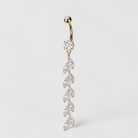 Gold vine leaf belly button ring with cubic zirconia dangle, nature-inspired navel piercing