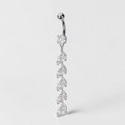Silver vine leaf belly button ring with cubic zirconia dangle, nature-inspired navel piercing