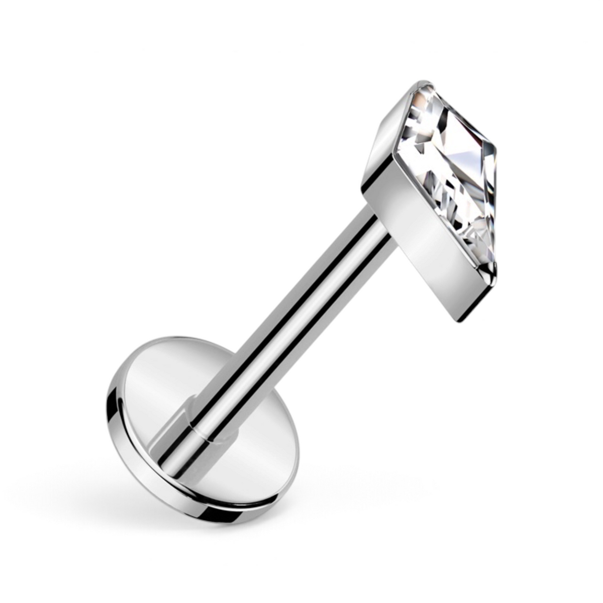 Flat back stud with kite-cut CZ, in silver titanium.