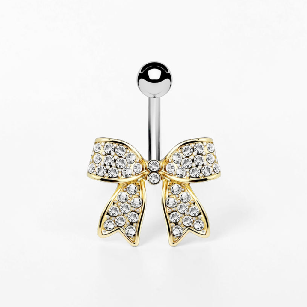 Bow belly button ring with cubic zirconia crystals, dainty sparkling navel piercing jewelry