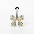 Bow belly button ring with cubic zirconia crystals, dainty sparkling navel piercing jewelry