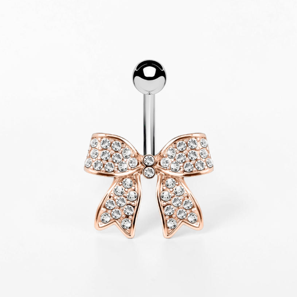 Bow belly button ring with cubic zirconia crystals, dainty sparkling navel piercing jewelry