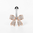 Bow belly button ring with cubic zirconia crystals, dainty sparkling navel piercing jewelry