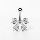 Bow belly button ring with cubic zirconia crystals, dainty sparkling navel piercing jewelry