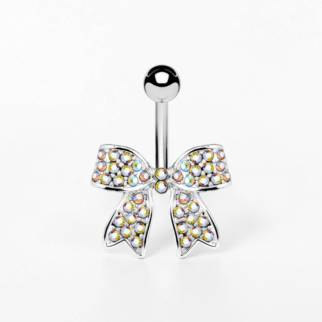 Bow belly button ring with cubic zirconia crystals, dainty sparkling navel piercing jewelry