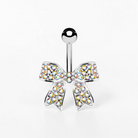 Bow belly button ring with cubic zirconia crystals, dainty sparkling navel piercing jewelry