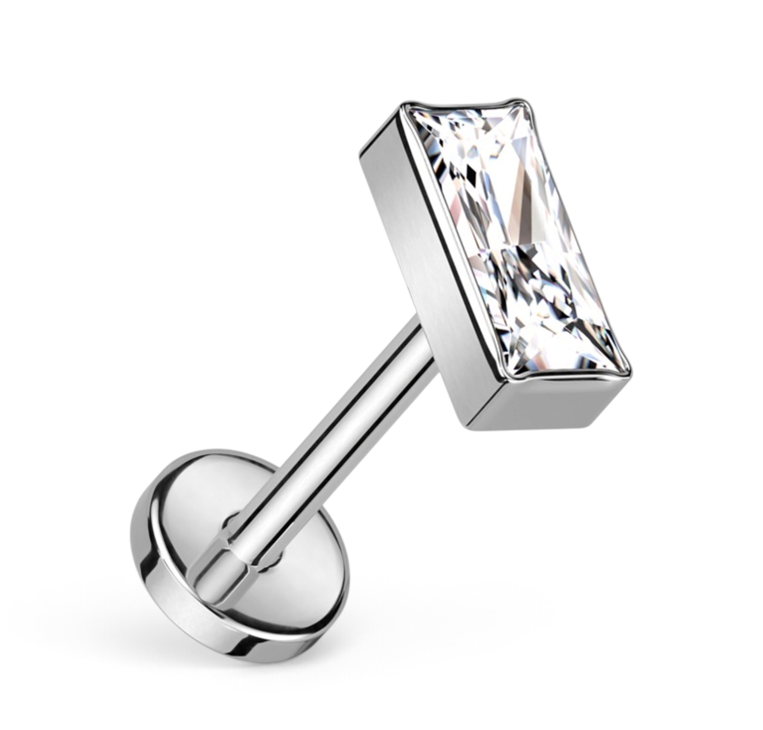 Flat back stud with rectangular CZ stone, in silver titanium.