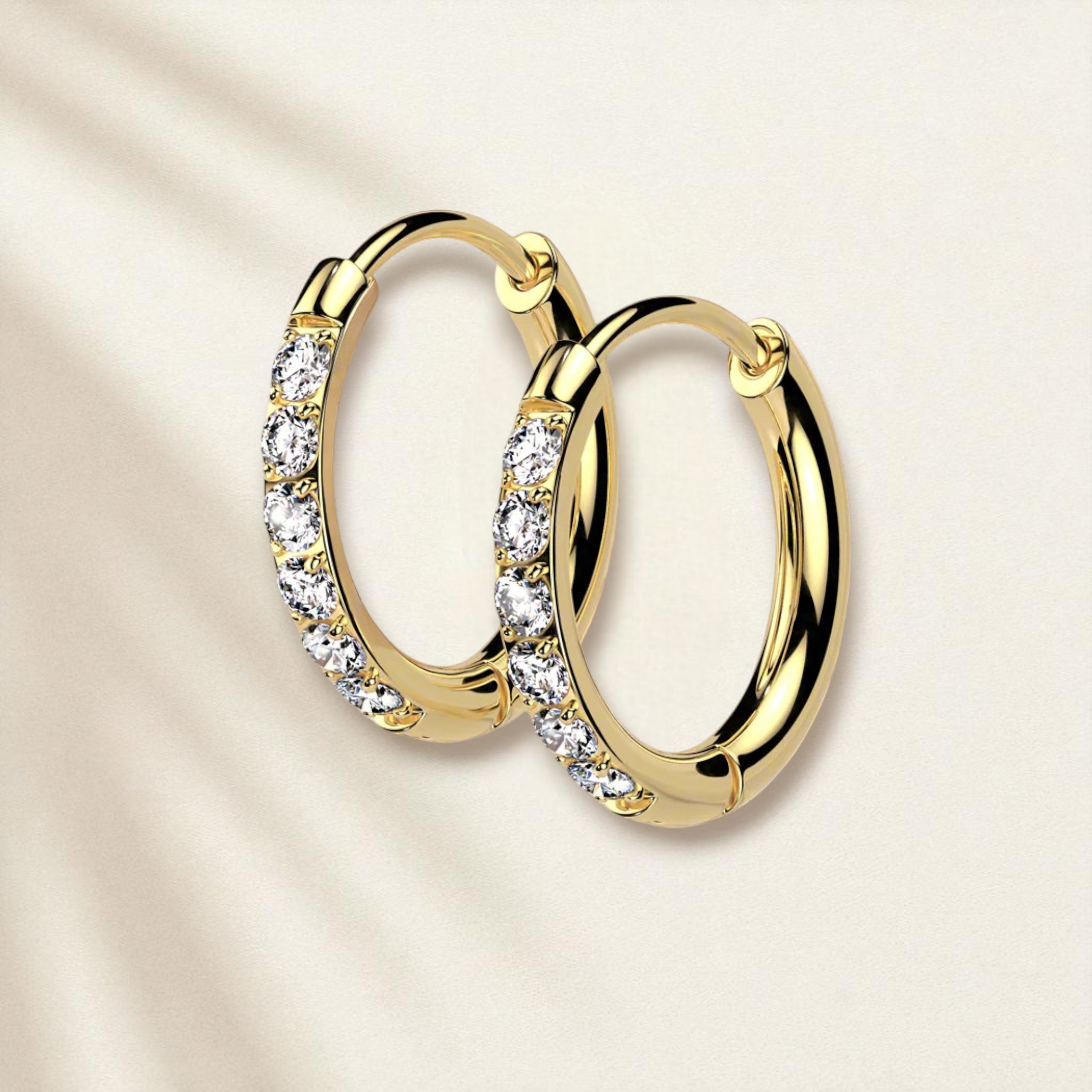 Gold Huggie Hoop Clicker Earrings with CZs across the front of hoop