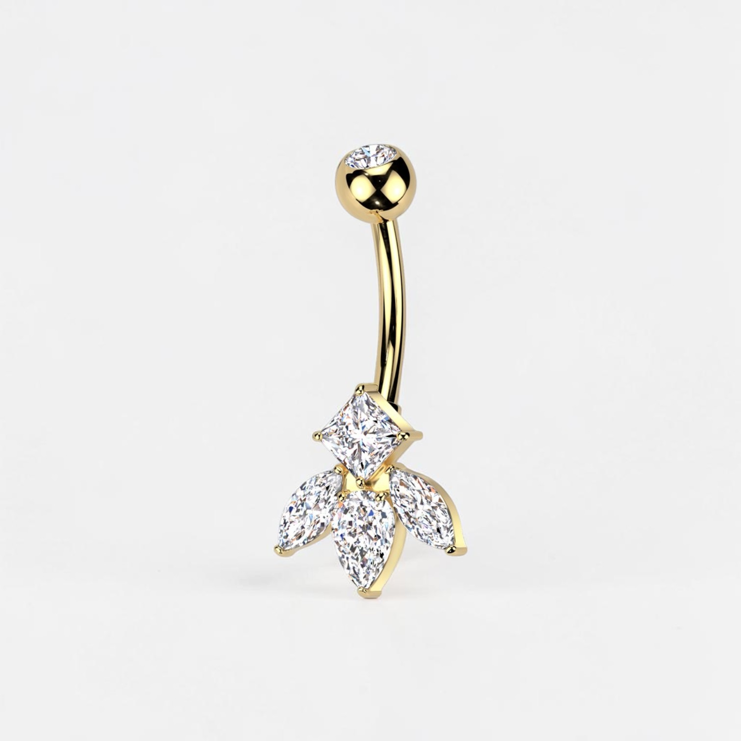 Implant-grade titanium belly button ring with CZ crystal cluster in gold finish, dainty navel piercing jewelry