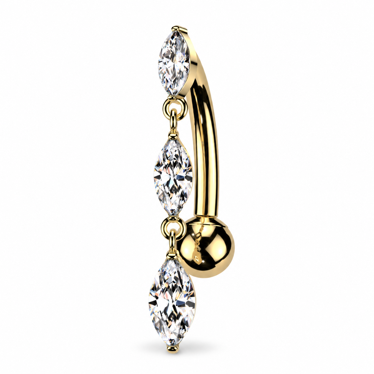 A top down style belly button ring that features three dangly marquise CZ stones (small to large), in 14k solid yellow gold.