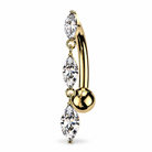 A top down style belly button ring that features three dangly marquise CZ stones (small to large), in 14k solid yellow gold.