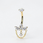 Internally threaded titanium belly ring with marquise cubic zirconia and dangling chain