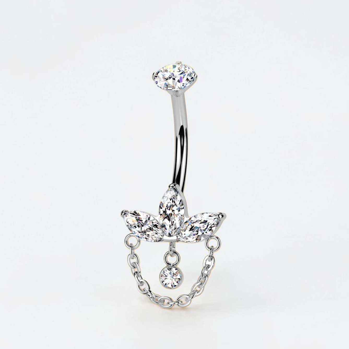 Internally threaded titanium belly ring with marquise cubic zirconia and dangling chain